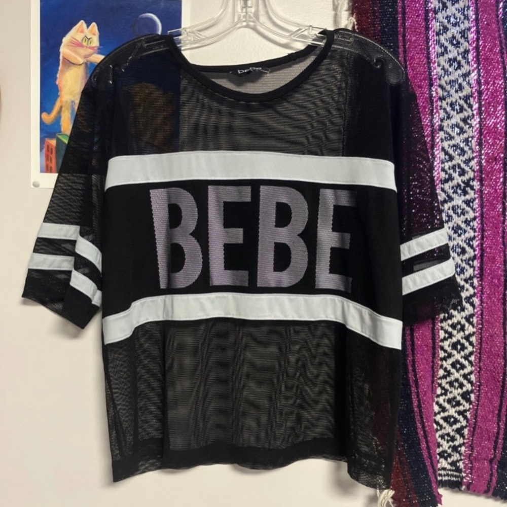 Bebe Black and White Mesh Top